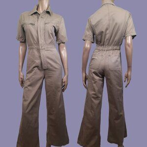 Vintage 70s Jumpsuit Flare Wide Leg Size S Utility Flight Suit Beige Full Zip